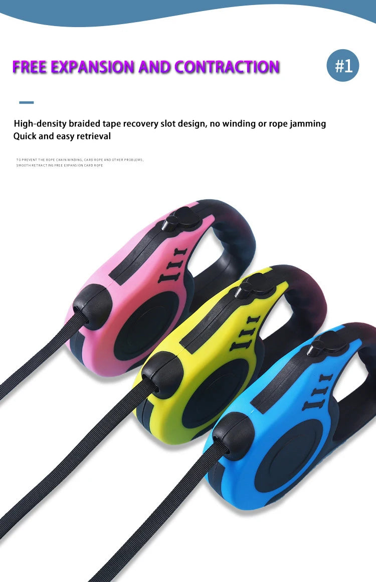 3m 5m laisse pour chien, rétractable, solide. Déverrouillage rapide.