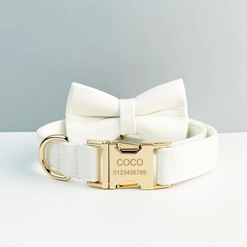 Collier et laisse cuir blanc personnalisable