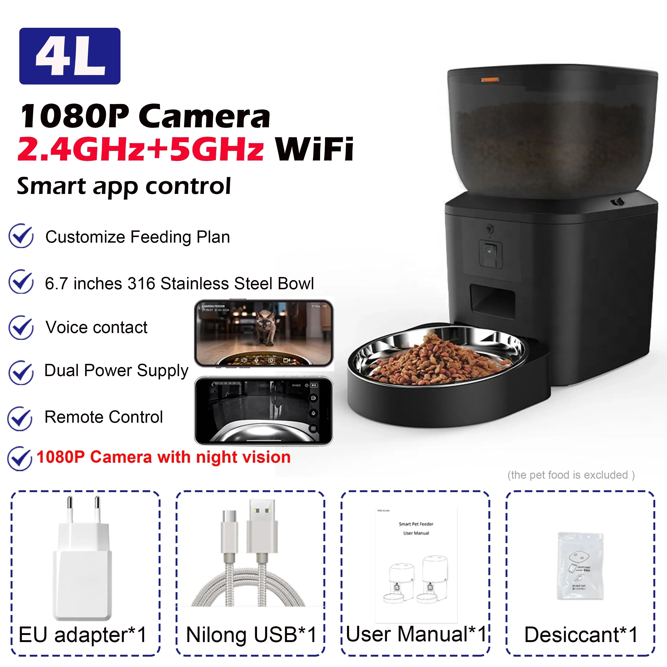 Automatic Dog Feeders with Camera 1080P HD 5G WiFi Pet Feeder Tuya APP Control Automatic Cat Dog Food Dispenser Furpipi